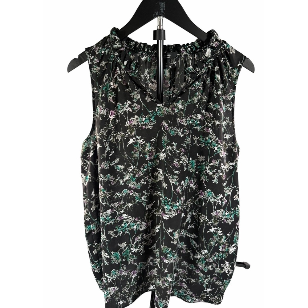 Simply Vera Vera Wang Women's M Black Floral Sleeveless Ruffle Neck Blouse Top
